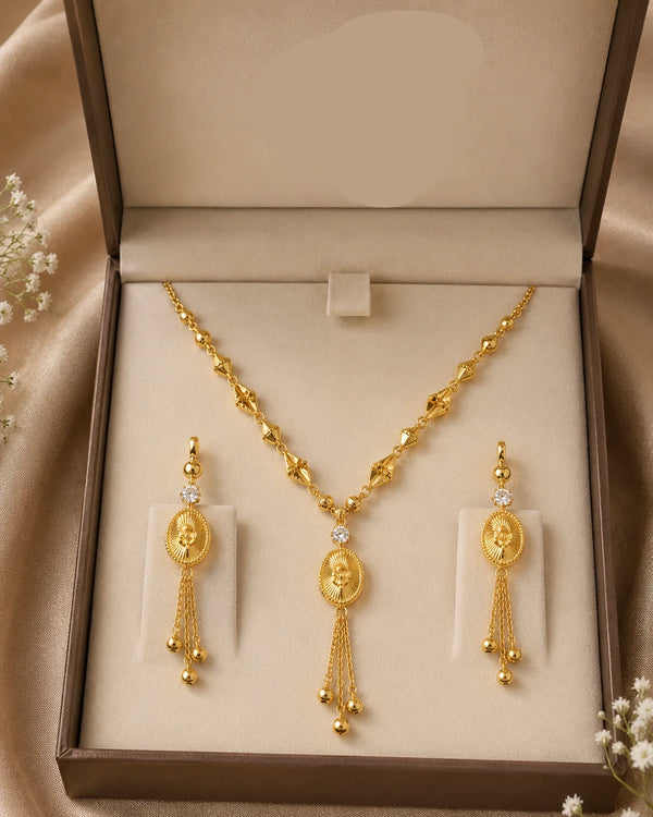 Gold Oval Tassel Jewelry Set – Elegant Necklace & Matching Drop Earrings