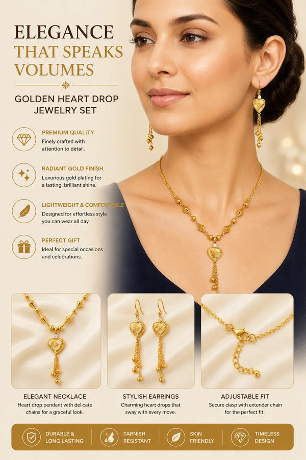 Gold Heart Pendant Jewelry Set – Elegant Necklace & Matching Tassel Earrings