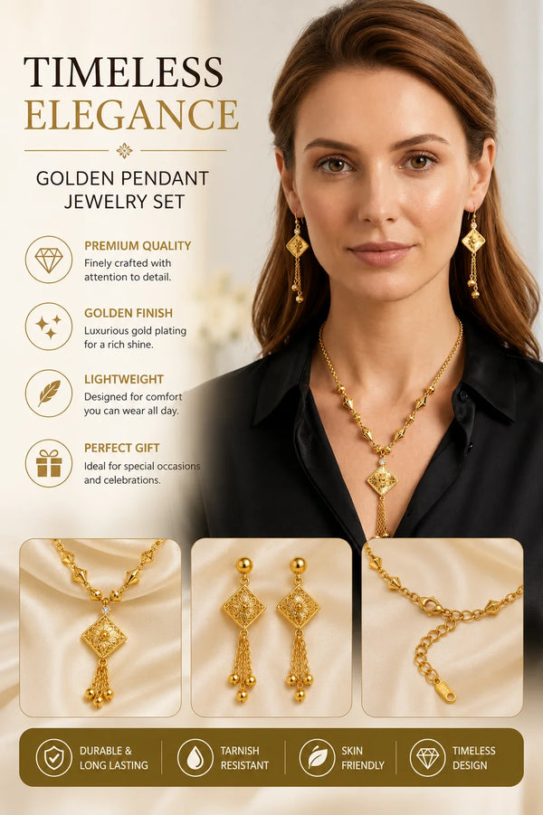 Elegant Gold Tassel Jewelry Set – Geometric Necklace & Matching Drop Earrings