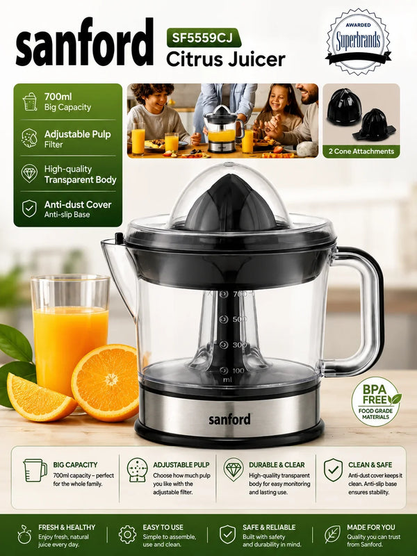 Sanford Citrus Juicer – 700ml Capacity with Adjustable Pulp Filter & 2 Cones