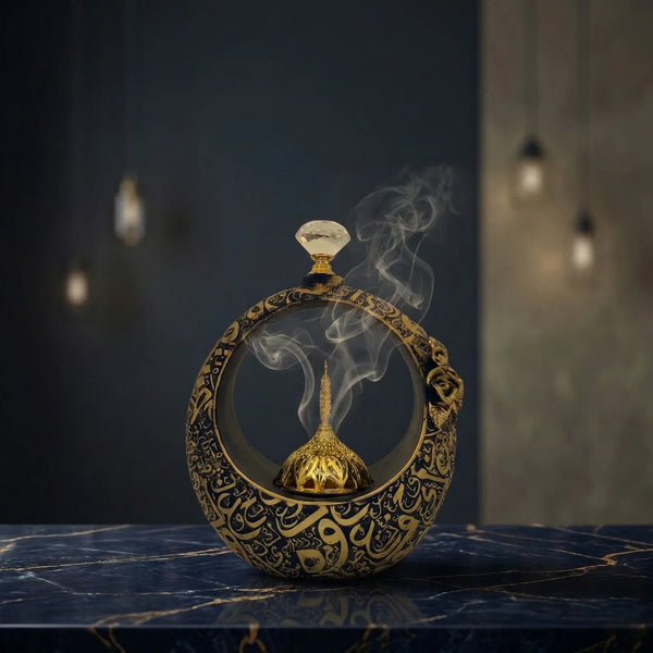 Islamic Crescent Frame with Hanging Golden Dome – Elegant White & Gold Tabletop Showpiece