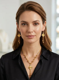 Elegant Gold Tassel Jewelry Set – Geometric Necklace & Matching Drop Earrings