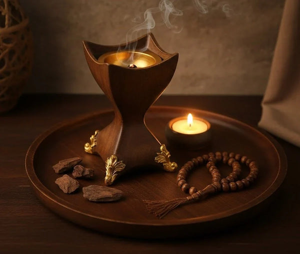 Decorative Incense Burner with Gold Accents – Wood-Style Bakhoor & Incense Holder