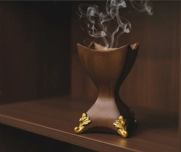 Decorative Incense Burner with Gold Accents – Wood-Style Bakhoor & Incense Holder